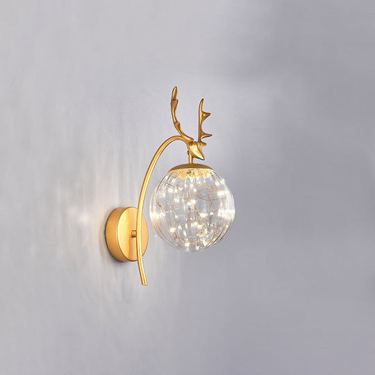 Nordic Ball Wall Mount Led Glass Stairs Sconce Light With Antler Decor - Starry Illumination Gold /