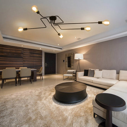 Country Style Ceiling Mounted Lamp: 5 - Light Semi Flush Mount In Black Exposed Bulb Design