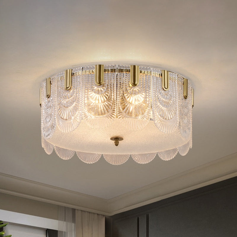 Clear Textured Glass Drum Ceiling Light With Scalloped Edge - Contemporary Flush Mount Fixture / 12