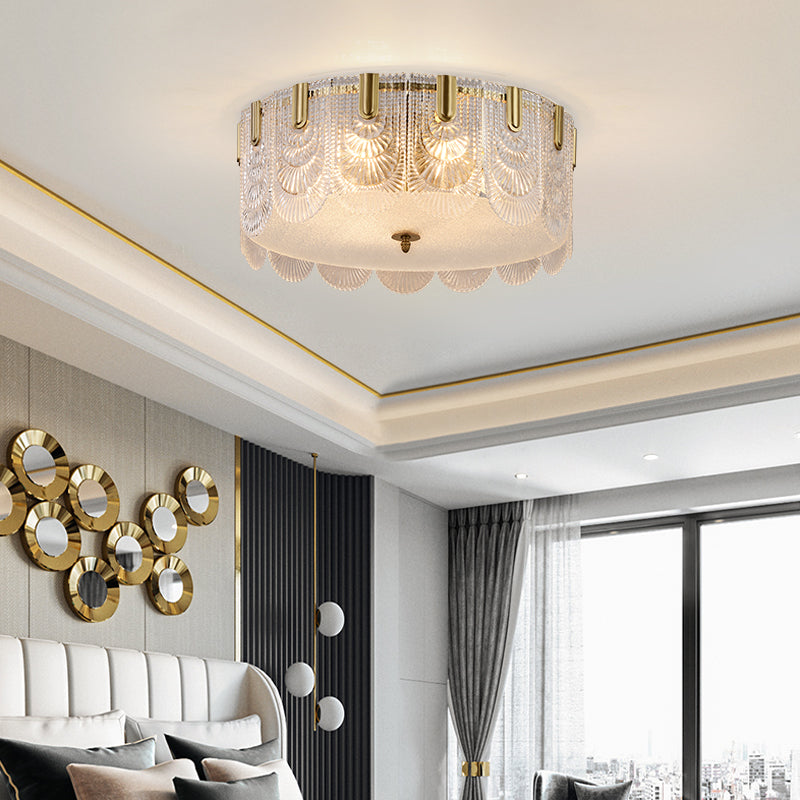 Clear Textured Glass Drum Ceiling Light With Scalloped Edge - Contemporary Flush Mount Fixture