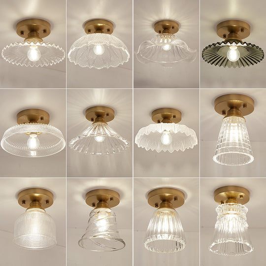 Brass Semi Flush Mount Ceiling Light For Aisle: Textured Glass 1-Light Industrial Style