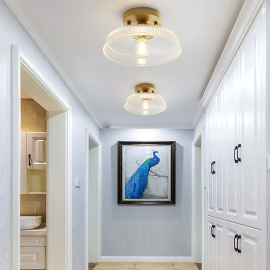 Brass Semi Flush Mount Ceiling Light For Aisle: Textured Glass 1 - Light Industrial Style