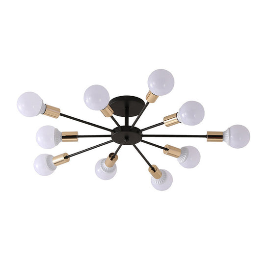 Black Radial Metal Flush Mount Ceiling Light With 10 Industrial - Style Heads - Ideal For Bedroom