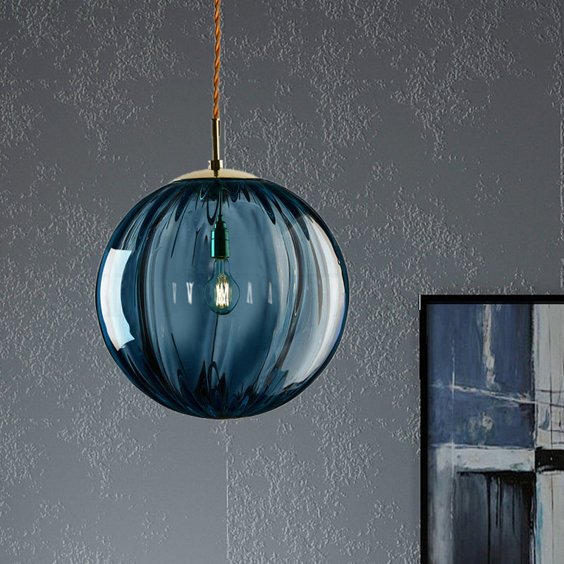 Sleek Sphere Pendant Light: Modern Blue/Purple/Smoky Ribbed Glass Led Ceiling Lamp For Bedroom