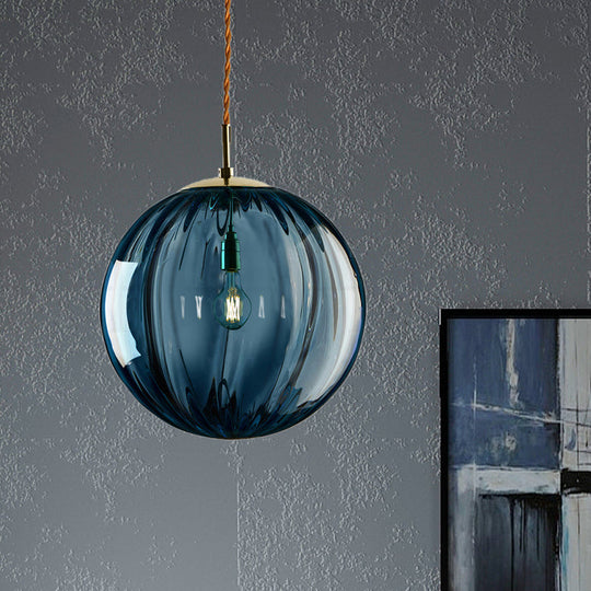 Sleek Sphere Pendant Light: Modern Blue/Purple/Smoky Ribbed Glass Led Ceiling Lamp For Bedroom