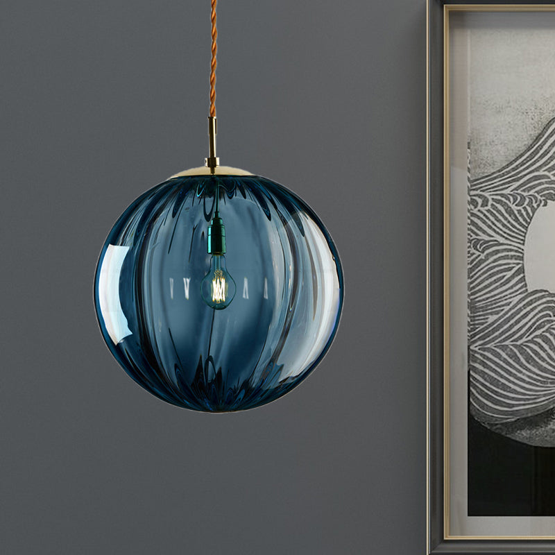 Sleek Sphere Pendant Light: Modern Blue/Purple/Smoky Ribbed Glass Led Ceiling Lamp For Bedroom