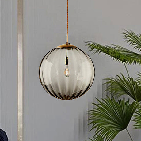 Modern Blue/Purple/Smoky Ribbed Glass Sphere Pendant Light - Led Hanging Ceiling Lamp For Bedroom