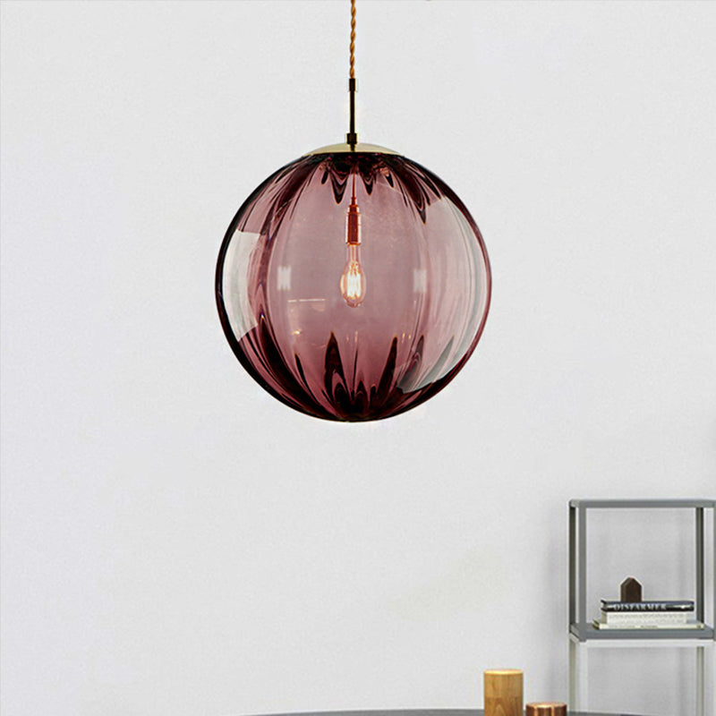 Modern Blue/Purple/Smoky Ribbed Glass Sphere Pendant Light - Led Hanging Ceiling Lamp For Bedroom