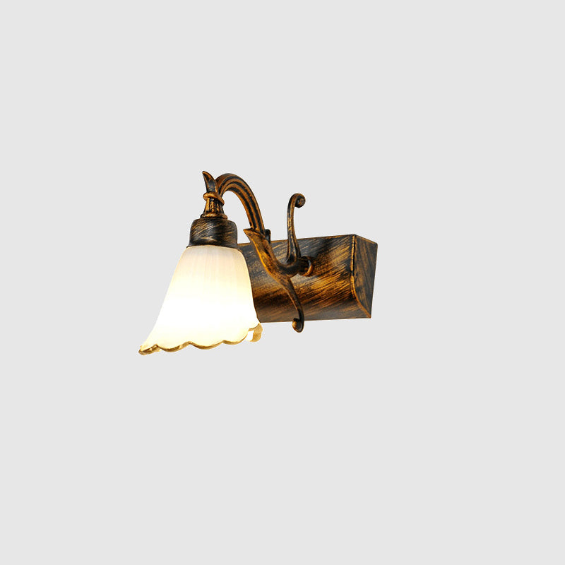 Bronze Wall Lamp With Country Flower Shade And White Rid Glass For Vanity Lighting 1 /