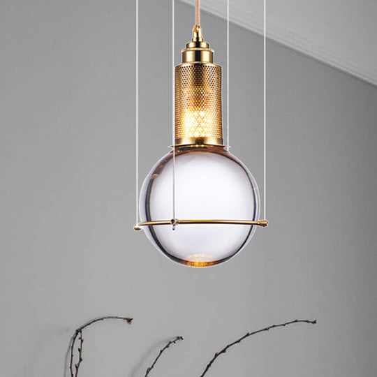 Modern Clear Crystal Ball Pendant Lamp With Led Gold Mesh Cage - Warm/White Bedroom Hanging Light