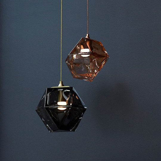 Textured Diamond Suspension Pendant Lamp - White/Amber/Smoke Glass Modern Led Hanging Light For