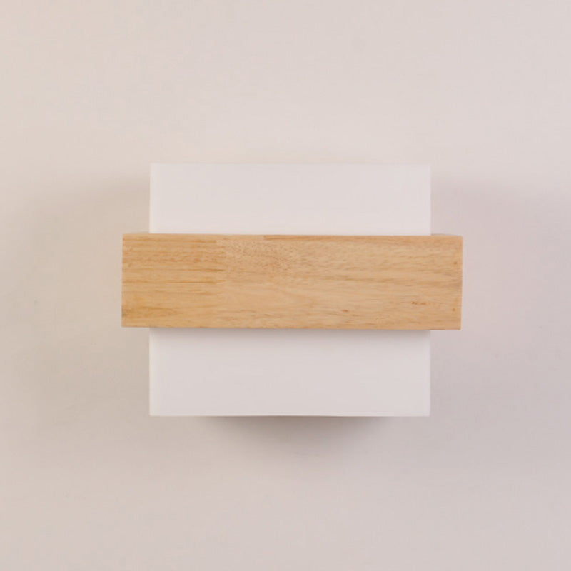 Simple Style White Glass 1-Light Sconce With Wood Brace For Square Corridor Wall Lighting