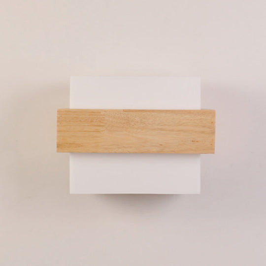 Simple Style White Glass 1-Light Sconce With Wood Brace For Square Corridor Wall Lighting