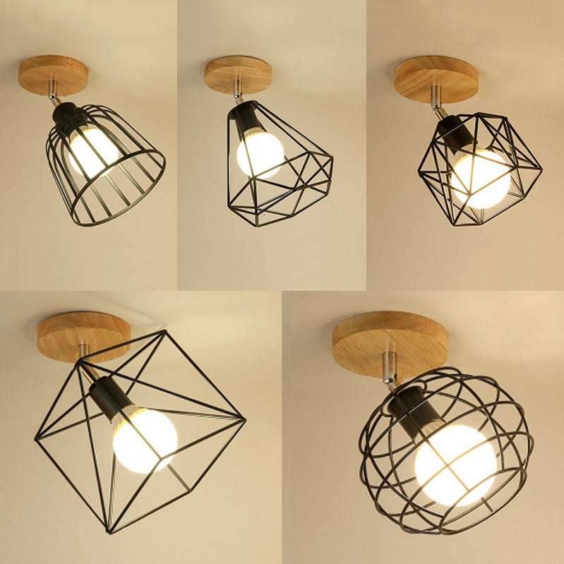 Industrial Black Metal Semi Flush Light With Adjustable Squared/Globe Design - Ideal For Corridors