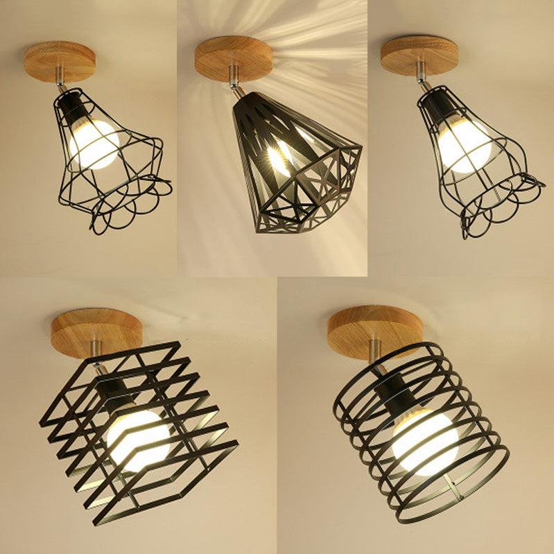 Vintage Industrial Black Ceiling Light Fixture - Metallic Cylinder/Square Cage Design Bedroom Semi