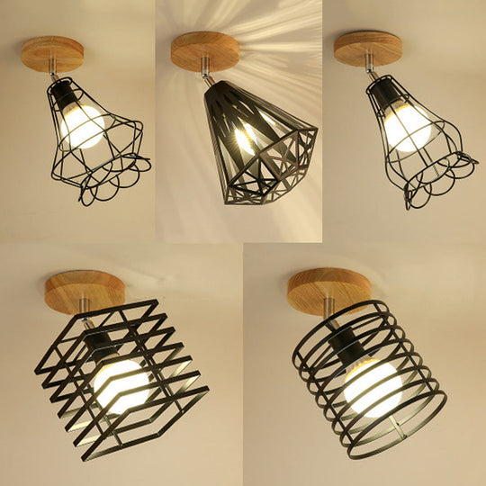 Vintage Industrial Black Ceiling Light Fixture - Metallic Cylinder/Square Cage Design Bedroom Semi