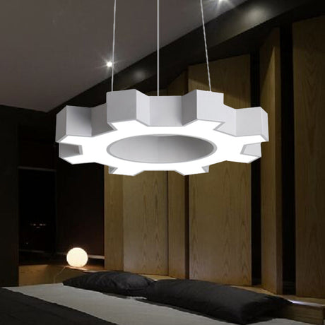Contemporary Metal Led Pendant Lamp For Gym - Wide Gear Shape White/Black White/Warm Light