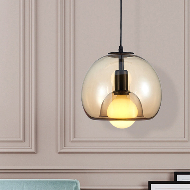 Contemporary Amber/Smoke Glass Dome Pendant - Black Hanging Lamp For Bedroom