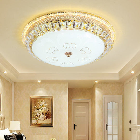Modern Gold Flush Mount Ceiling Light With Opal Glass Led And Crystal Accent - 16’/19.5’ W