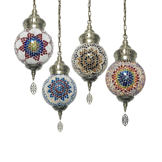 Suspended Sphere Ceiling Light Fixture - 1/4 Bulbs Tradition Red/Blue/Gold Glass Design For