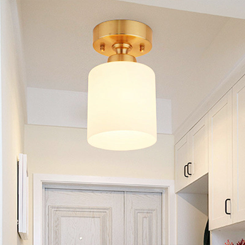 Gold Cylinder Ceiling Light With Traditional White Glass - 1 Pendant Lighting Fixture For Corridor