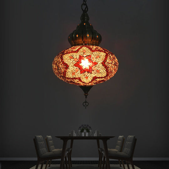 Retro Glass Lantern Suspension Light For Restaurant - Red/Green/Gold 1/3 Heads Ceiling Pendant Red /