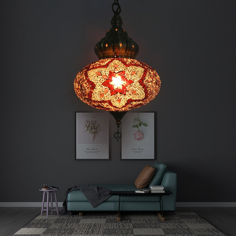 Retro Glass Lantern Suspension Light For Restaurant - Red/Green/Gold 1/3 Heads Ceiling Pendant