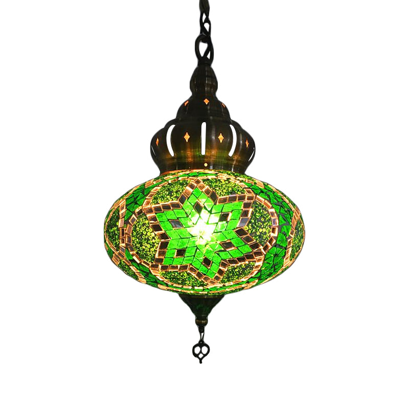 Retro Glass Lantern Suspension Light For Restaurant - Red/Green/Gold 1/3 Heads Ceiling Pendant