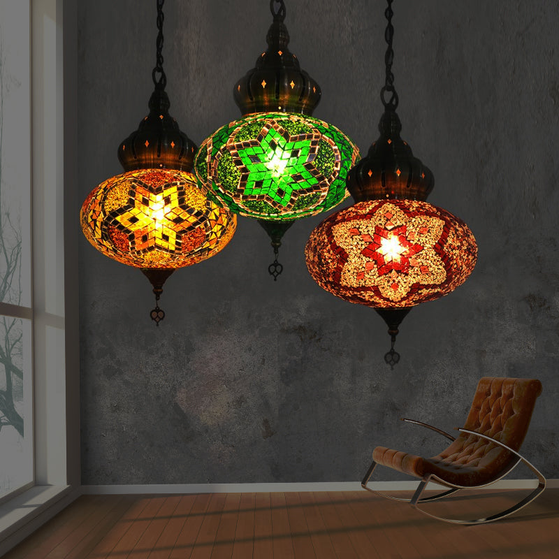 Retro Glass Lantern Suspension Light For Restaurant - Red/Green/Gold 1/3 Heads Ceiling Pendant