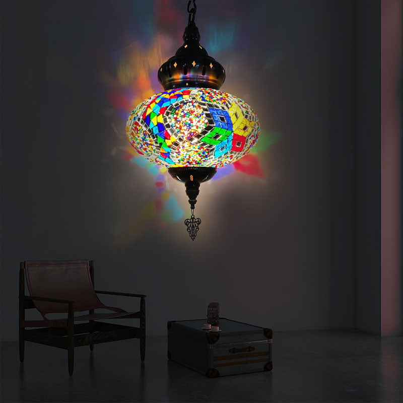 Colorful Glass Pendant Ceiling Light Fixture - Traditional Global Style With 1/4 Heads In Chrome For