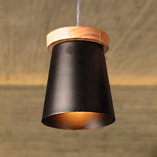 Industrial Loft Metal And Wood Kitchen Pendant Ceiling Light Black Finish With Bucket Suspension - 1