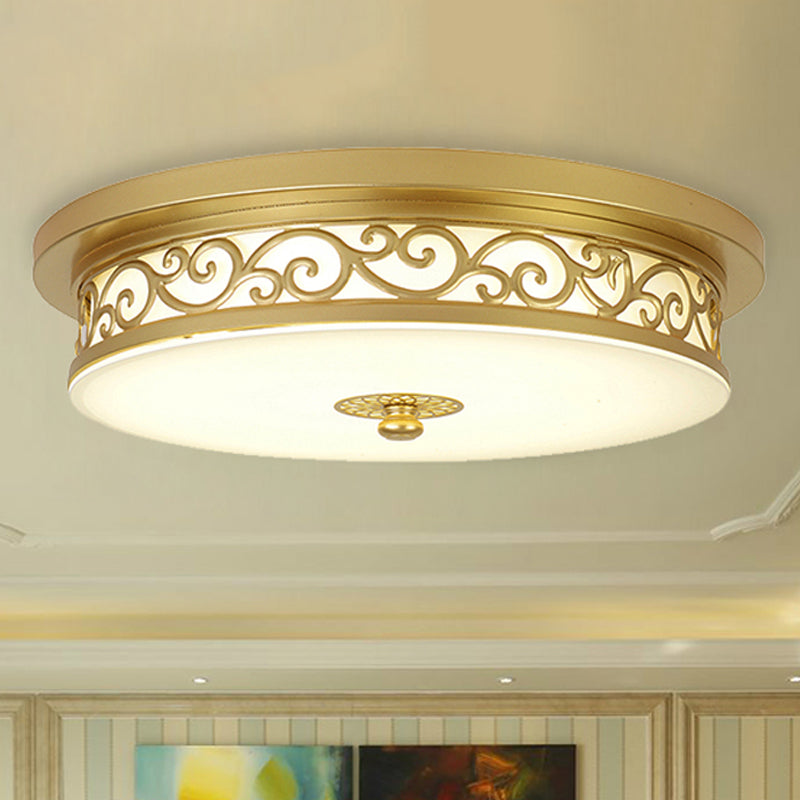 Gold Drum Flush Mount Led Lamp With Classic White Glass - Ideal Living Room Ceiling Light In Or Warm