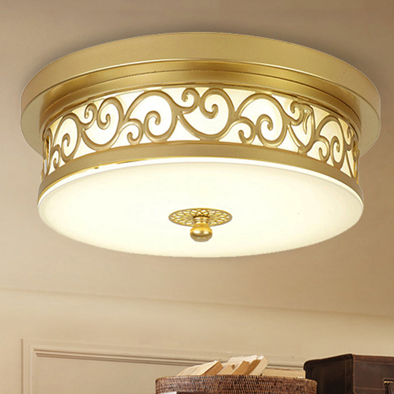 Gold Drum Flush Mount Led Lamp With Classic White Glass - Ideal Living Room Ceiling Light In Or