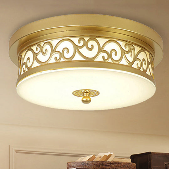 Gold Drum Flush Mount Led Lamp With Classic White Glass - Ideal Living Room Ceiling Light In Or