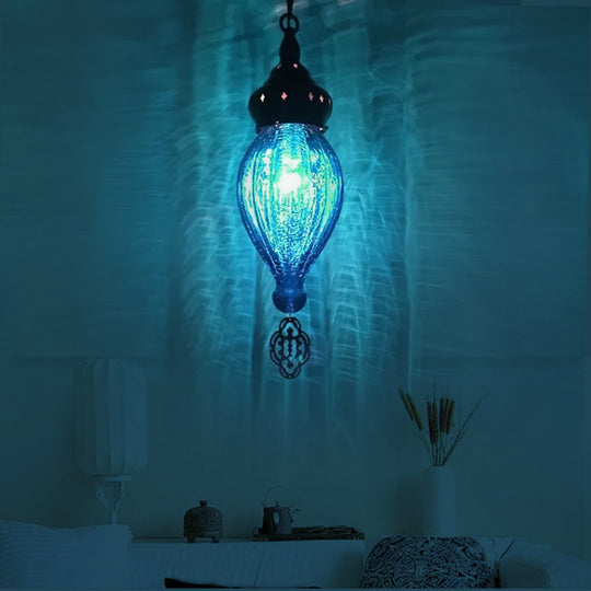Ribbed Glass Droplet Hanging Lamp In Blue/Green/Taupe - Perfect For Bedroom Light Blue / 1