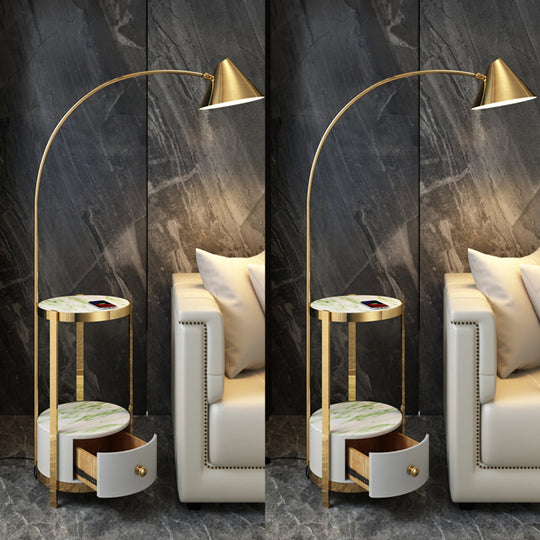 Postmodern Metal Fishing Rod Floor Lamp With Swivel Cone Shade And Marble Tray Cabinet Green