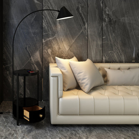 Postmodern Metal Fishing Rod Floor Lamp With Swivel Cone Shade And Marble Tray Cabinet