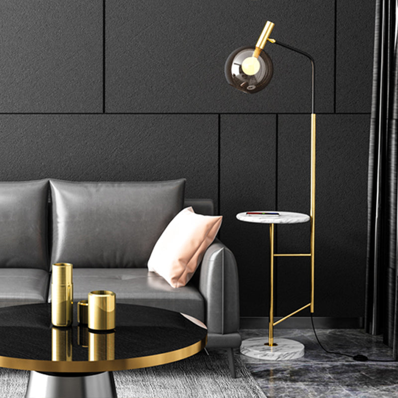 Mid-Century Smoke Grey Glass Sphere Floor Lamp With Rotatable 1-Light And Table