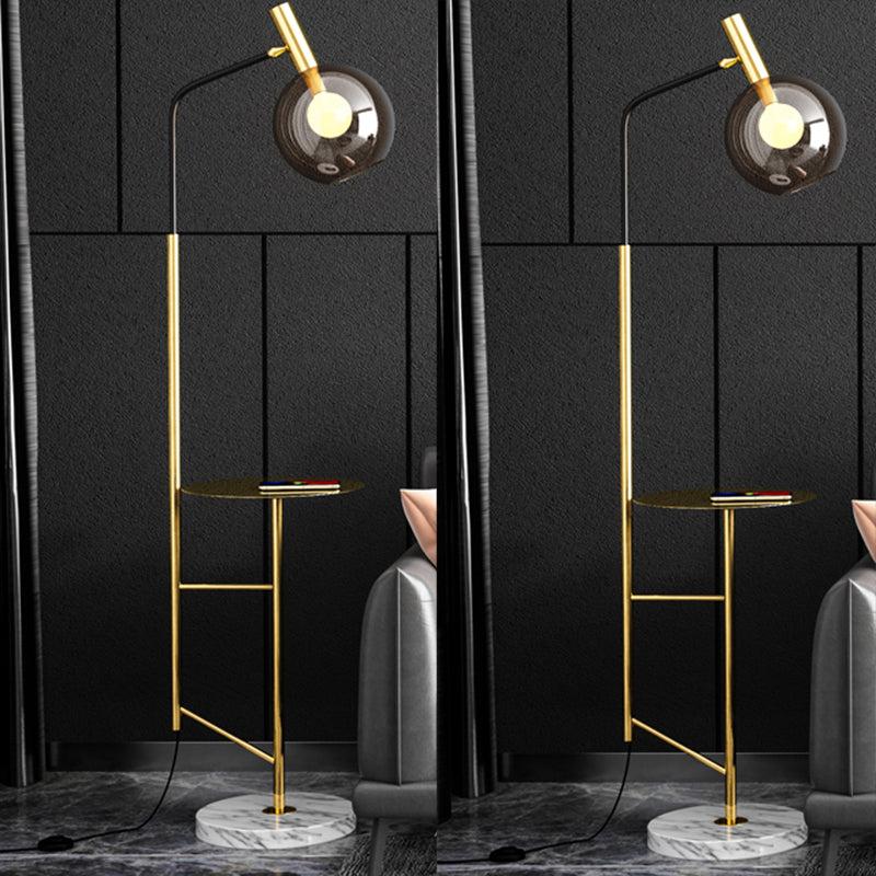 Mid-Century Smoke Grey Glass Sphere Floor Lamp With Rotatable 1-Light And Table Gold