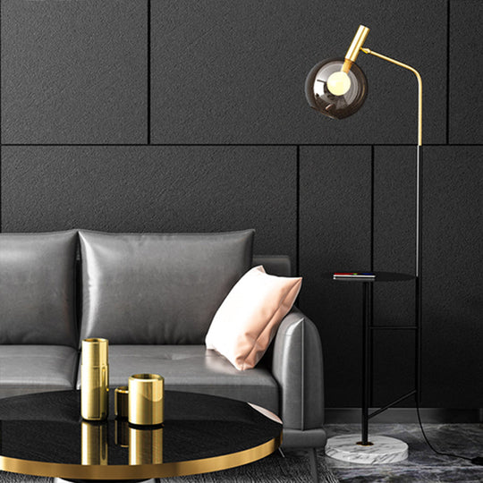 Mid-Century Smoke Grey Glass Sphere Floor Lamp With Rotatable 1-Light And Table