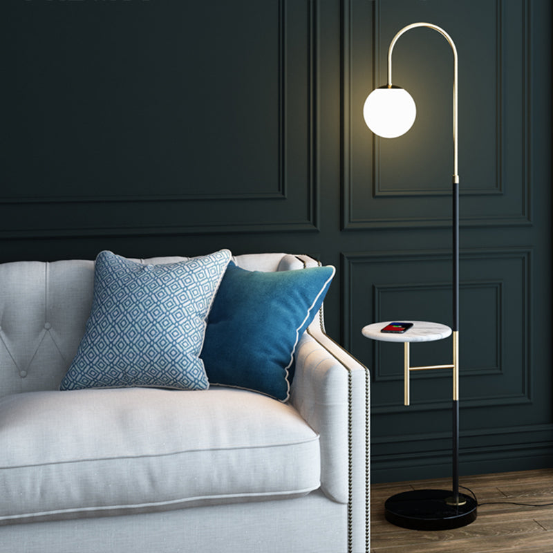 Minimalist Metal Gooseneck Floor Lamp With Single Tray And White Glass Shade