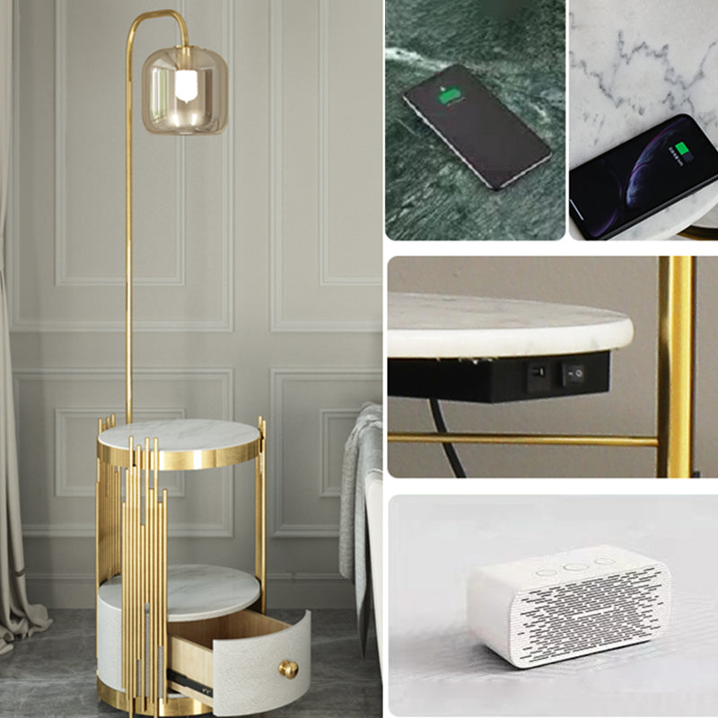 Modern Glass Cylinder Floor Lamp With Table Drawer And Gooseneck Design