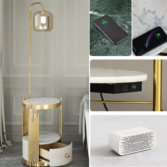 Modern Glass Cylinder Floor Lamp With Table Drawer And Gooseneck Design