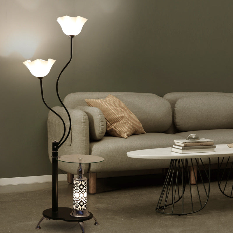 Country Black Frosted Glass Standing Floor Lamp With Tray - 3 Bulbs Open-Top Flower Light