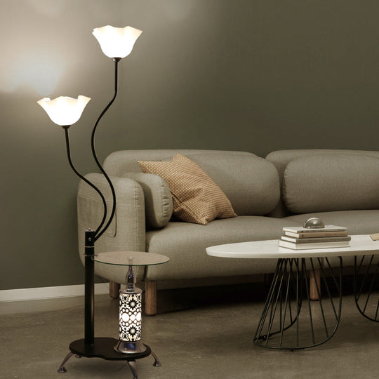 Country Black Frosted Glass Standing Floor Lamp With Tray - 3 Bulbs Open-Top Flower Light
