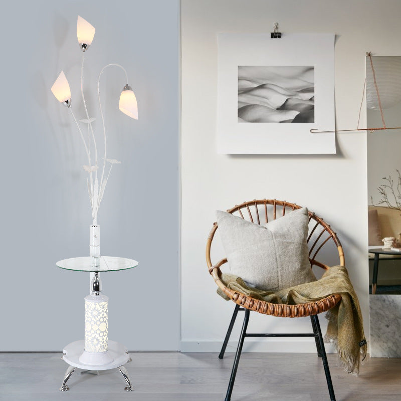 Rustic Ivory Glass 3-Light Floor Lamp With Table Tulip Living Room Standing Light