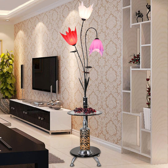 Flower Countryside Floor Lamp: Black Acrylic Tray 3-Light Design For Living Room