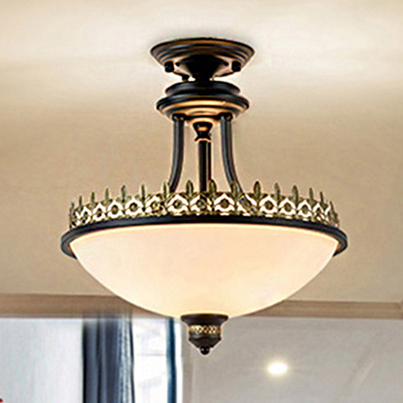 Semi Flush Mount Traditional Frosted Glass Ceiling Light With 3 Lights - White Bowl Shape For