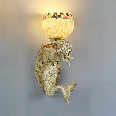 Rustic Tiffany Shell Bowl/Dome Wall Lamp - Mermaid Resin Accent Beige Finish
