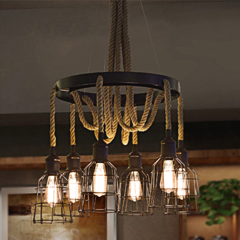 Vintage Style Black Multi-Light Chandelier Pendant With Rope Detail - Metal Global/Bell Cage Lamp /